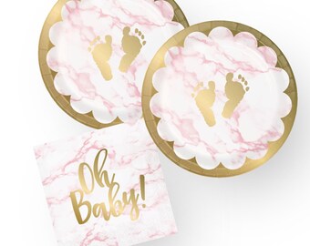 Assiettes et serviettes pour baby shower roses et dorées - Articles de fête pour bébé Oh Baby, assiettes pour baby shower, décorations pour baby shower, décorations pour baby shower, serviettes de table en marbre rose