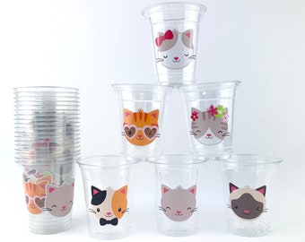 Vasos para fiesta de gatitos (24 unidades) - Vasos de cumpleaños de gato, decoraciones para fiestas de gatos, suministros para cumpleaños de gatitos, vasos con caras de gato, decoración de cumpleaños, recuerdos de gatitos