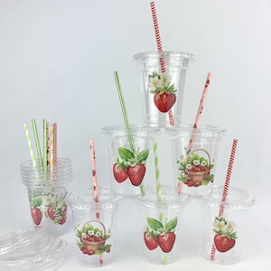 Strawberry Party Cups 12ct - Disposable Plastic Cups, Vegetable Garden Birthday, Fruit Birthday Favor Cups, Berry First Birthday, Fruit Cups
