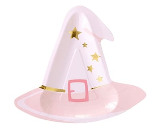 May include: Pink and white witch hat shaped paper plate with gold stars and a pink buckle.