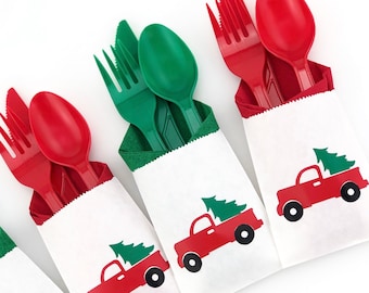 Red Truck Cutlery Bags - Christmas Party, Holiday Party, Vintage Red Truck, Office Party, Christmas Dinner, Winter Party