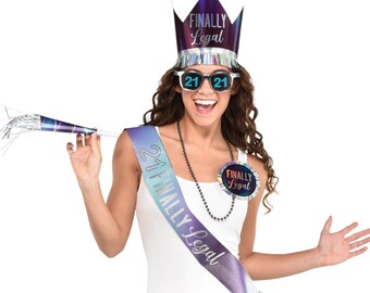 21st Birthday Kit - Finally Legal, 21st Birthday Hat, Birthday Sash, RIP Fake ID, Finally 21, Twenty One, Birthday Horn, Birthday Badge