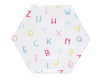 May include: White hexagonal paper plates featuring a colourful alphabet pattern. The letters are in a variety of colours, including pink, blue, yellow, and green.