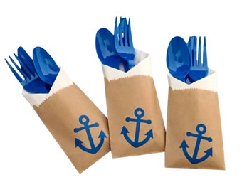 Cutlery Bags - Anchor Birthday, Nautical Baby Shower, Nautical Wedding, Anchor Wedding, Bachelorette Party, Anchor Party Decor, Utensils