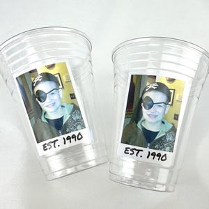 Custom 16oz Plastic Cups with Photo – Personalized Birthday Party Cups with Text Disposable Milestone Drinkware Face Cups Est Vintage Year