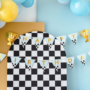 Race Car Birthday Banner - Racing Car Party Supplies, Fast One Birthday Decorations, Racing Trophy Birthday Banner, Racing Flag Banner