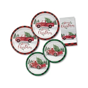Red Truck Christmas Party Supplies - Holiday Party Decorations, Holiday Party Supplies, Buffalo Plaid Christmas, Christmas Plates & Napkins