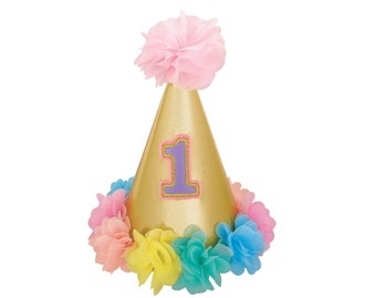 Sombrero de primer cumpleaños pastel - Sombrero de primer cumpleaños de niña, decoraciones de pastel smash, accesorio fotográfico de primer cumpleaños de niña, suministros de cumpleaños de arco iris pastel