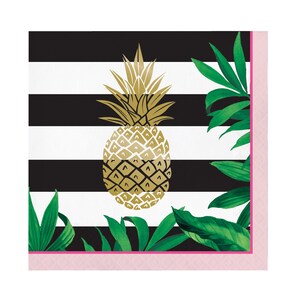 May include: Black and white striped background with a gold pineapple and green palm leaves. The pineapple is in the centre of the image and the palm leaves are on the sides.