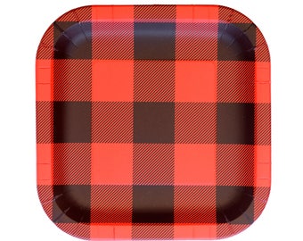 9" Buffalo Plaid Square Plates - Lumberjack Party, Lumberjack Birthday Plates, Woodland Animals Party, Buffalo Plaid Baby Shower Supplies
