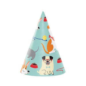 May include: A blue and white party hat with a pattern of dogs, dog bowls, and dog toys. The hat is cone-shaped and has a pointed top.