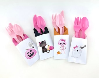 12-Set Pink Halloween Party Cutlery - Girl Halloween Party, Ghost Party Supplies, Halloween Party Decorations, Boo Party Favor, Spooky Party