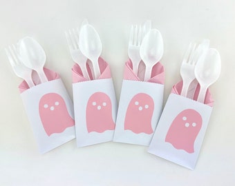 24-Set Pink Ghost Party Cutlery - Pink Halloween Party, Spooky Party, Halloween Party Supplies, Girl Halloween Party, Halloween Birthday