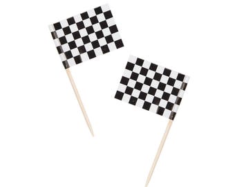 50 Racing Party Toppers - Checkered Flag, Food Pick, Cupcake Toppers, Race Car Toppers, Race car party supplies, Party Favor Decorations