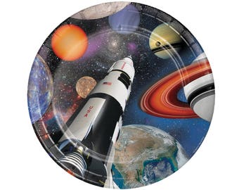 Pratos de festa espacial - aniversário de foguete, aniversário espacial, suprimentos para festa espacial, aniversário de galáxia, festa de planeta, pratos de galáxia, pratos de papel