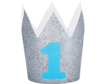 Plata 1 corona de cumpleaños - un sombrero de fiesta, un cumpleaños salvaje, plata y azul, niño 1er cumpleaños, primera corona de cumpleaños, sombrero de cumpleaños