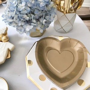 Kuchenteller - Herzteller, Goldhochzeitsteller, Metallic Gold Brautparty Zubehör, Junggesellinnenabschied, Rosa und Gold, Goldteller
