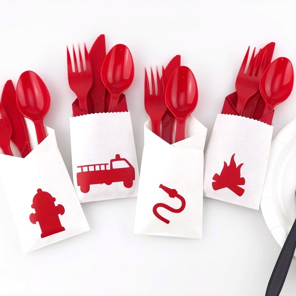 Firetruck Birthday Cutlery - Fireman Party, Firefighter Birthday Party Supplies, Fireman Birthday Decoration, Fire Truck Party, Cutlery Sets