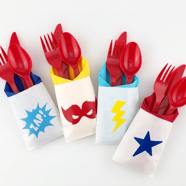 Superhero Cutlery Bags - Superhero Party Supplies Cutlery Bags Superhero Birthday Bags Superhero Party Favors Hero Birthday Cutlery Holders