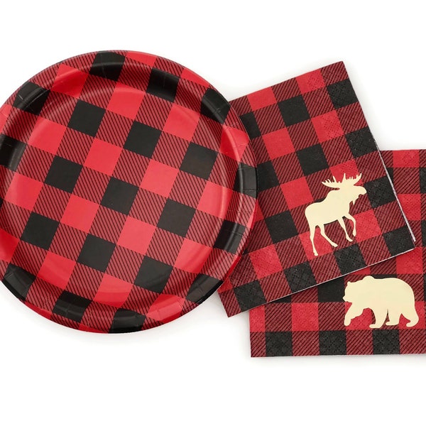 16ct Buffalo Plaid Party Set - Lumberjack Baby Shower, Lumberjack First Birthday, Lumberjack Plates, Lumberjack Napkins, Bear Baby Shower