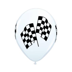 May include: White balloon with a black and white checkered flag design. The flags are crossed and are in the center of the balloon.