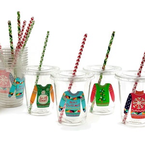 Christmas plastic cups with straws and lids, snowmen and santa hat designs  - Holiday party cups, Christmas party cups