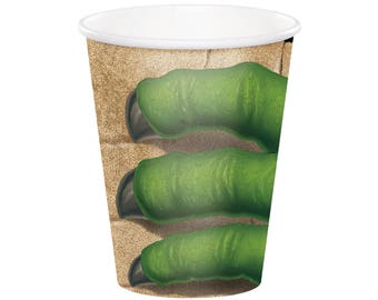 May include: Green monster hand with sharp claws printed on a disposable paper cup. The cup is white with a brown background.