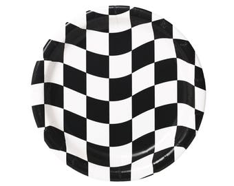 May include: Black and white checkered paper party plate.