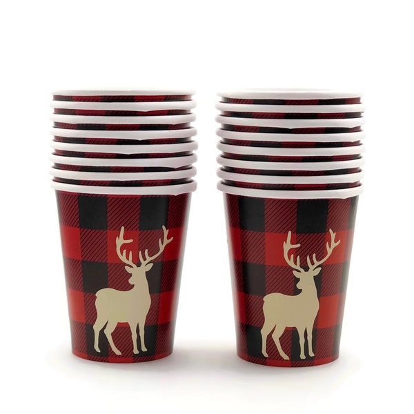 16 Deer Party Cups - Buffalo Plaid Party, Lumberjack Party Supplies, Lumberjack Birthday, Lumberjack Baby Shower, Deer Party, Paper Cups