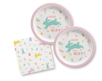 Pastel Easter Bunny Party Supplies - Paper Cake Plates & Luncheon Napkins (16 Guests)