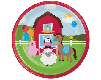 7" Farm Party Plates - Barnyard Birthday, Farm Birthday Party, Barnyard Party, Farm Baby Shower, Farm Animal, Red Barn County Fair Party