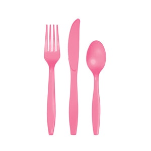 May include: A set of pink plastic cutlery, including a fork, knife, and spoon.