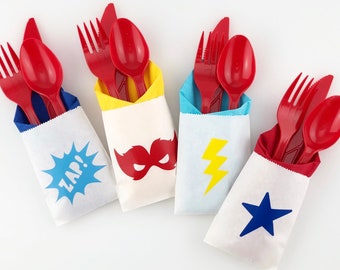 Superhero Cutlery Bags - Superhero Party Supplies Cutlery Bags Superhero Birthday Bags Superhero Party Favors Hero Birthday Cutlery Holders