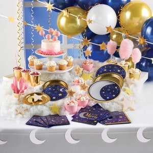 Banner de festa da lua-banner de aniversário espacial, decorações de chá de bebê de lua e estrelas, suprimentos de aniversário de estrela, decoração de festa espacial, festa de galáxia