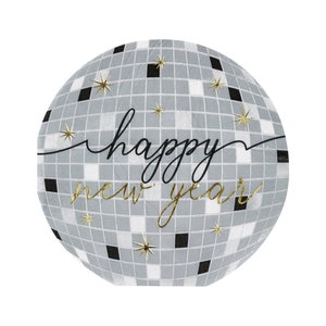 May include: A silver disco ball with black squares and gold stars. The text "happy new year" is written in black cursive on the ball.