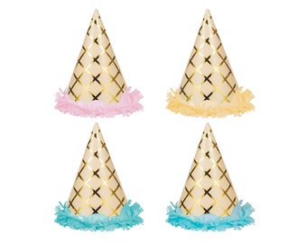 May include: Four party hats with gold and white diamond patterns and different colored tissue paper fringe trim. The hats are pink, yellow, blue, and blue.