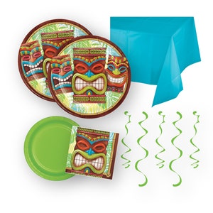Tiki Party Pack - Hawaiian Party, Luau Party Decorations, Tropical Birthday, Tiki Birthday, Party Plates, Party Napkins, Party Tablecloth