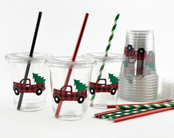 Tasses de fête de Noël à carreaux Buffalo - Noël de camion rouge, fête de camion rouge, gobelets en plastique, articles de fête de Noël, fête des fêtes