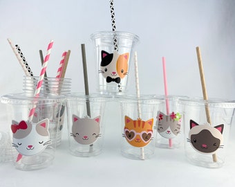 Vasos de gato, Vasos de plástico, Vasos para fiestas, Fiesta de gatos, Fiesta de cumpleaños de gatos, Vasos de cumpleaños, Niña de 2 años