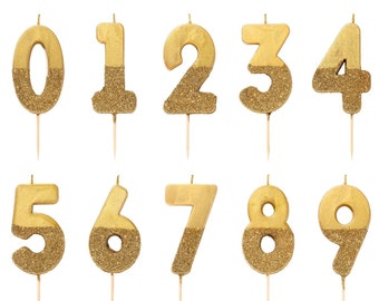 Glitter Gold Number Candles, 5" tall, Numbers 0-9 - Birthday Cake Candles, Number Toppers, Cupcake Decor