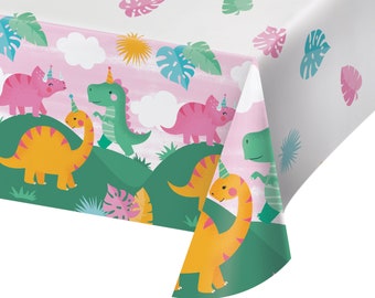 Dinosaur Party Tablecloth - Pink Dinosaur Birthday, Dino Birthday Supplies, Dinosaur Table Decorations, Girl Dinosaur Birthday Decorations