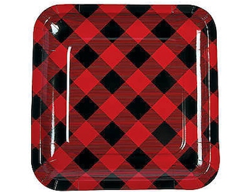 9" Square Buffalo Plaid Plates - Lumberjack Party - Lumberjack First Birthday - Woodland Baby Shower - Bear Baby Shower - Christmas Plates