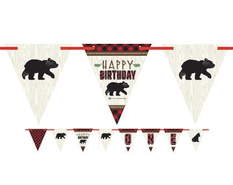 Lumberjack Birthday Banner - Buffalo Plaid Party, Woodland Party, Bear Birthday, Black Bear, Lumberjack First Birthday, High Chair Banner