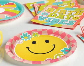 Piatti per feste con sorriso retrò - Piatti per compleanno hippie, decorazioni per feste anni '70, articoli per compleanni groovy, una festa groovy, articoli per feste groovy