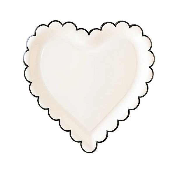 Black & Cream Heart Plates - Scalloped Heart Plates, Wedding Plates, Valentines Party Supplies, Bachelorette Party Tableware, Love Party