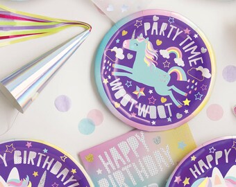 May include: Unicorn themed party supplies including plates, napkins, a cup, a party hat, and a banner that says "Happy Birthday! Hip Hip Hooray!"