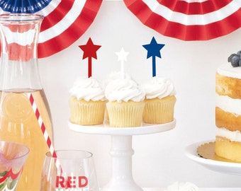 Red White Blue Plastic Star Picks 12ct, Patriotic Party Supplies, 4th of July Party, Food Picks, Cupcake Toppers, Stars Stripes Birthday