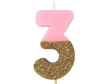 3rd Birthday Candle - Age 3, Gold Glitter Candle, Three Birthday Candle, Number Three Candle, Dirty Thirty, Pink Candle, Girl Birthday Party