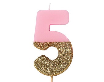Number Five Candle - Age 5, Birthday Candle, Pink and Gold, Five Candle, Sparkly Candles, 50th Birthday for Her, Cake Topper, Glitter Candle