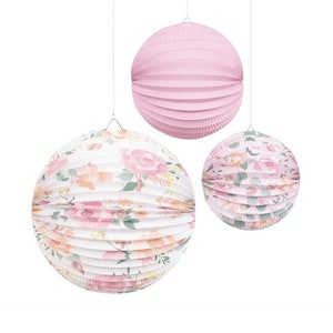 Pink Floral Paper Party Lanterns - Spring Tea Party Supplies, Garden Birthday Party Decorations, Floral Baby Shower Decor, Hanging Decor